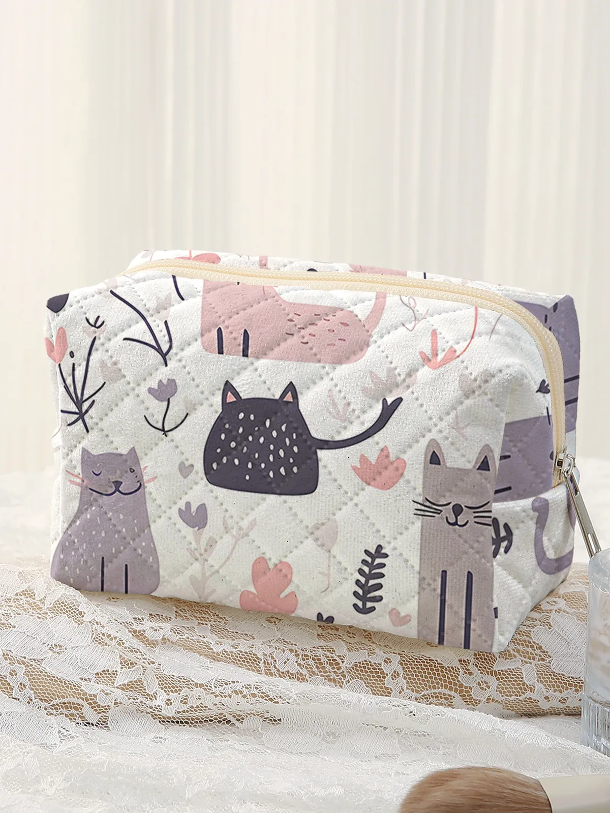 grande trousse de toilette matelassée, motif chat de dessin animé et cœurs botaniques, couleur douce, avec fermeture éclair, pour maquillage, pour femme, pochette de rangement quotidienne et de voyage