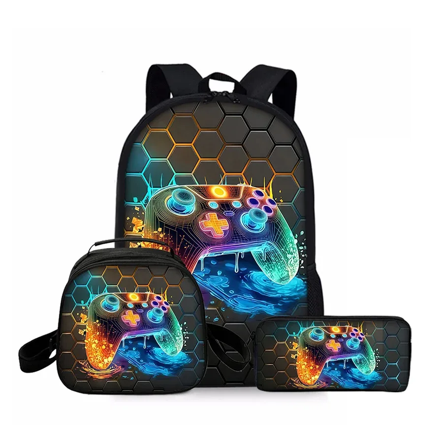 sac à dos à motif de manette de jeu, ensemble de trois pièces, pour garçons et filles, meilleurs cadeaux, sac à dos scolaire 2d plat dessin animé pour enfants