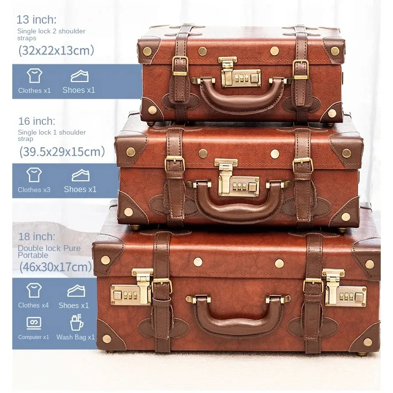 valise vintage fabriquée à la main, mallette d'affaires, mini valise de voyage, étui de maquillage, verrouillage par mot de passe, organisateur de rangement de bagages en cuir