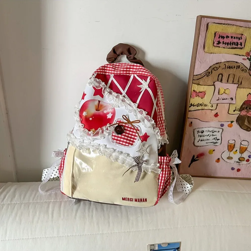 sac à dos apple star ita bag à carreaux en dentelle, style frais et doux, pour étudiantes, sacs portables pour femme