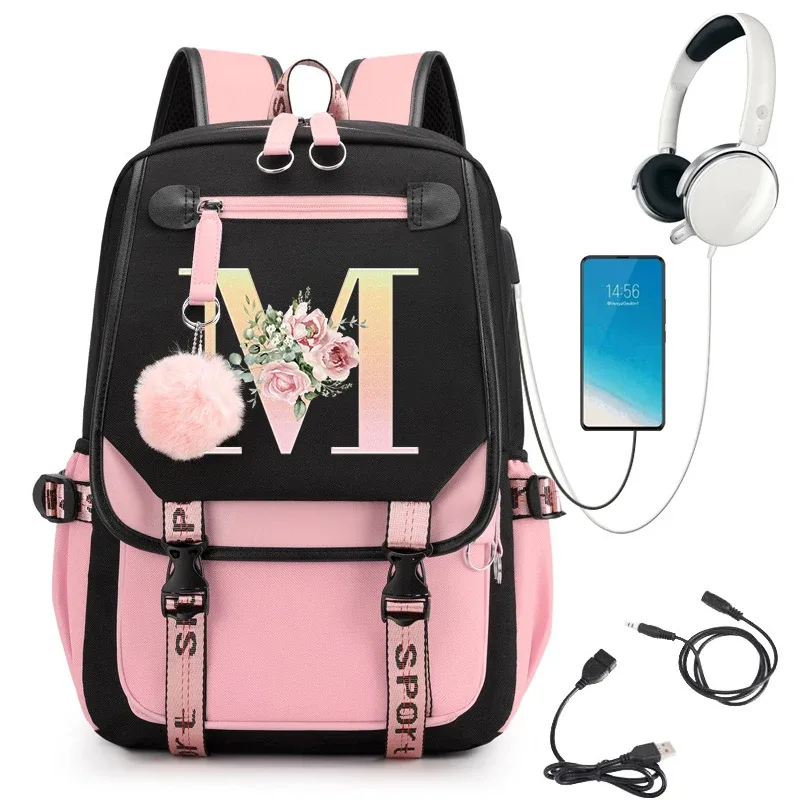 sac à dos rose graphique or imprimé lettre fleur a-z alphabet épaule sac adolescente mode fille sac à dos lycée sacs à dos