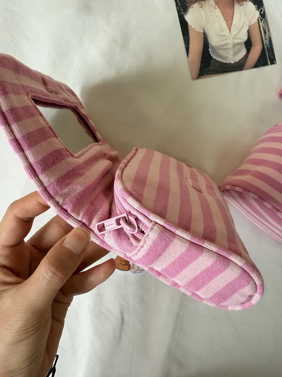 trousse de maquillage rose rayée à rabat pour femme, sac de voyage cosmétique portable avec fermeture éclair, organisateur de voyage pour filles, mignon et adorable, avec miroir, pochette de toilette