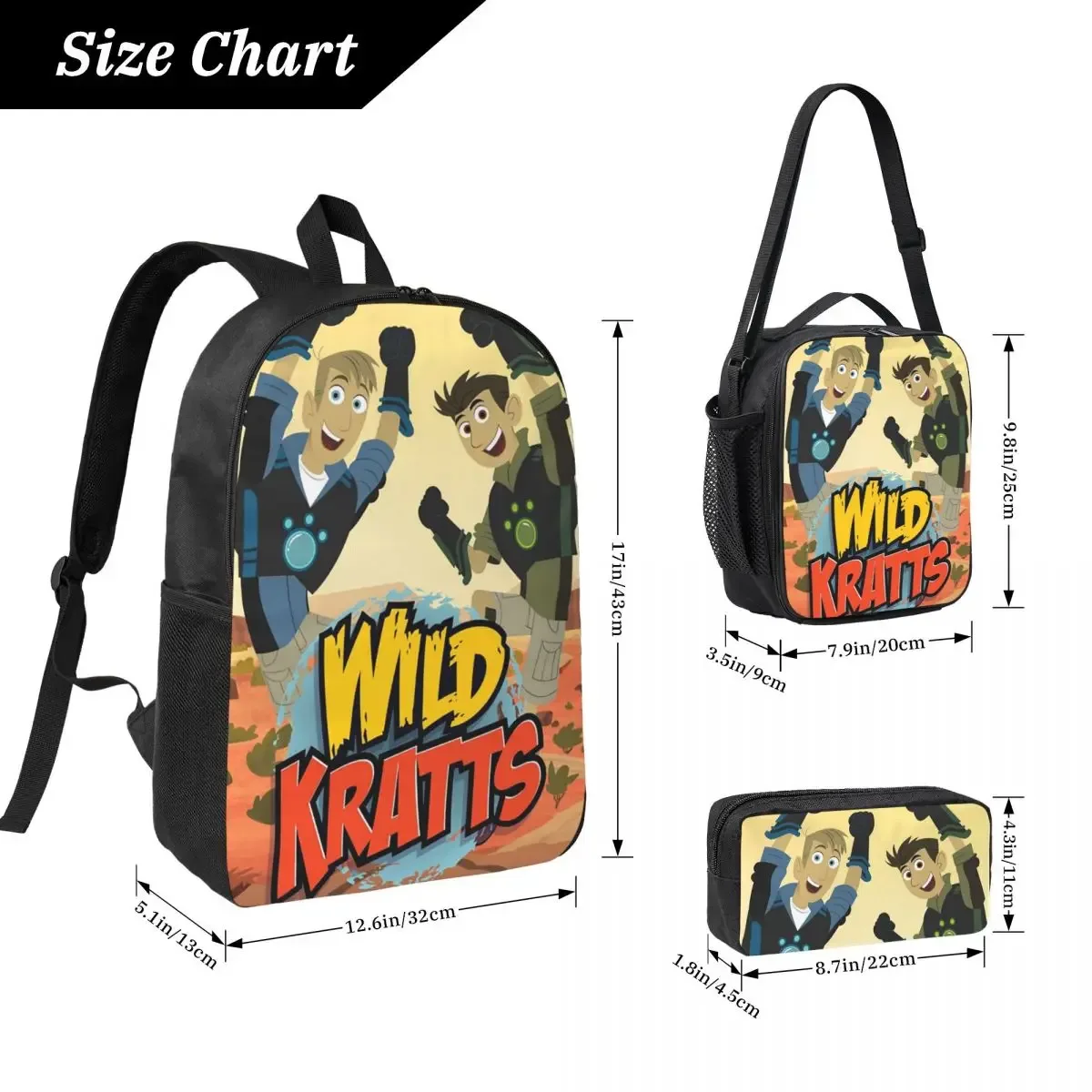 sac à dos wild kratts avec logo, sac à livres pour étudiants, sac d'école, sacs à bandoulière pour ordinateur portable, sac à déjeuner isotherme 3ps, trousse à crayons