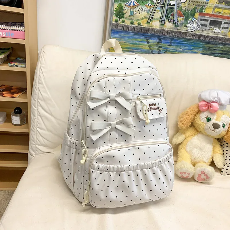 nouveau sac à dos pour filles à pois avec nœud, grande capacité, en nylon, pour étudiantes, multi-compartiments, antivol, pour ordinateur portable et voyage