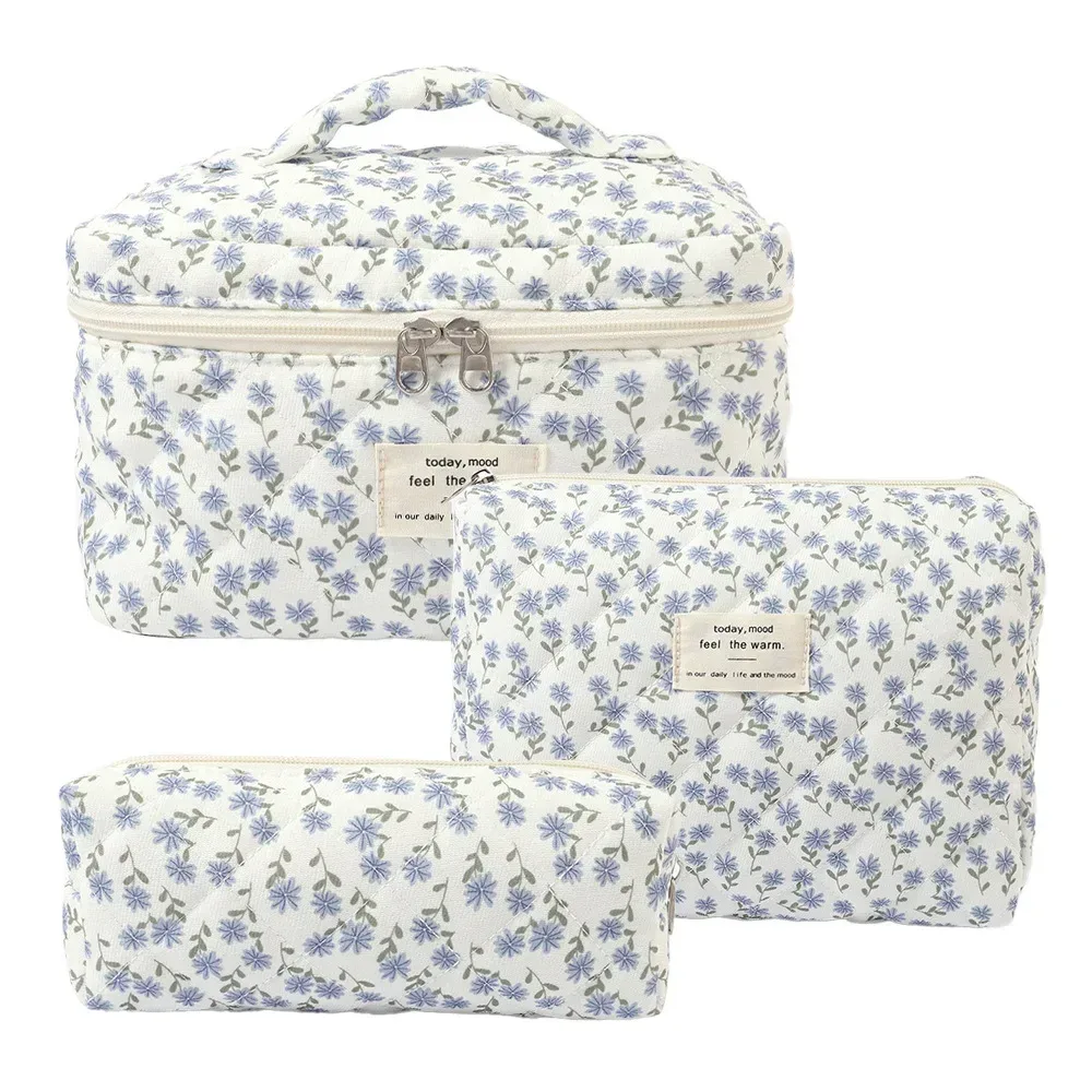 sac de maquillage en coton à fleurs mignonnes pour femmes, 1 pièce, organisateur de cosmétiques à fermeture éclair, sac à main en tissu en forme de boîte, trousse de toilette portable pour filles