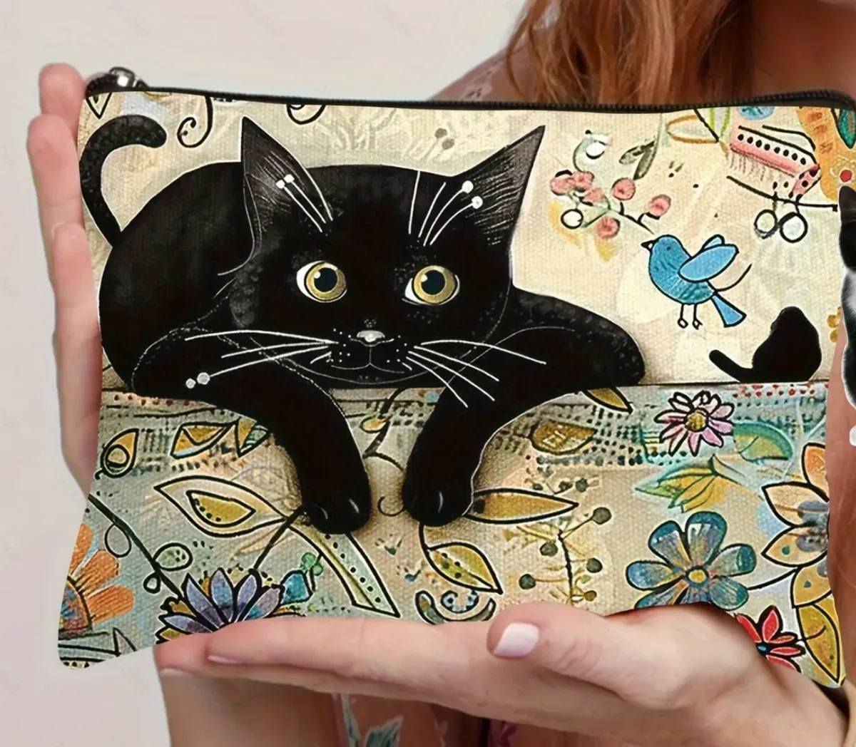 chat, fraise fille, motif d'amitié, sac de voyage, sac à fermeture éclair en polyester imperméable, cosmétiques, accessoires