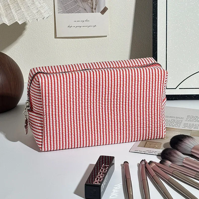 trousse de toilette rayée en mousseline bulle, sac de voyage portable, grande pochette de rangement pour maquillage, trousse de maquillage pour étudiant