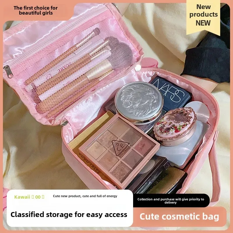 sac de rangement de maquillage portable rose bonheur chat, trousse de toilette de voyage, mignon petit arbre rouge, organisateur de papeterie, pochette cosmétique