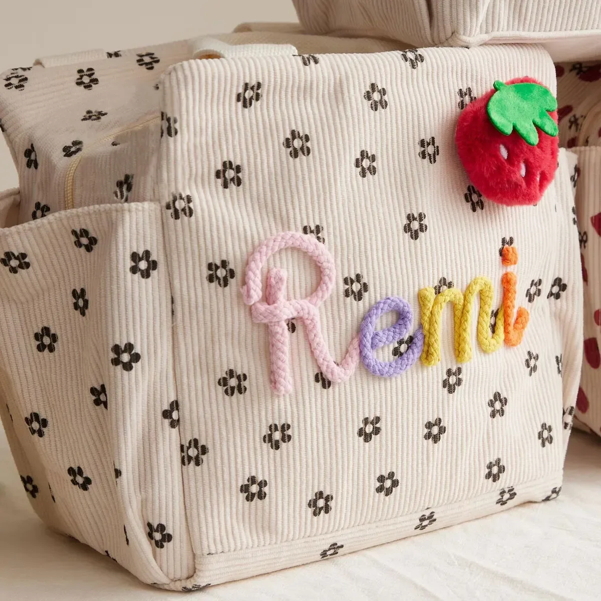 sac fourre-tout personnalisé avec initiales – sac à déjeuner isotherme en velours côtelé grande capacité personnalisé ; cadeau de rentrée scolaire, sac de vacances et de fête