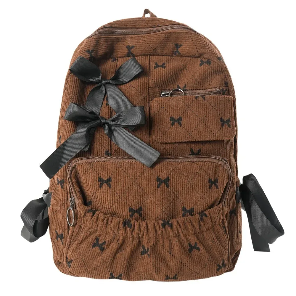 sac à dos scolaire en velours côtelé à nœud, style ins, imprimé nœud, polyvalent, grande capacité, pour étudiants et femmes