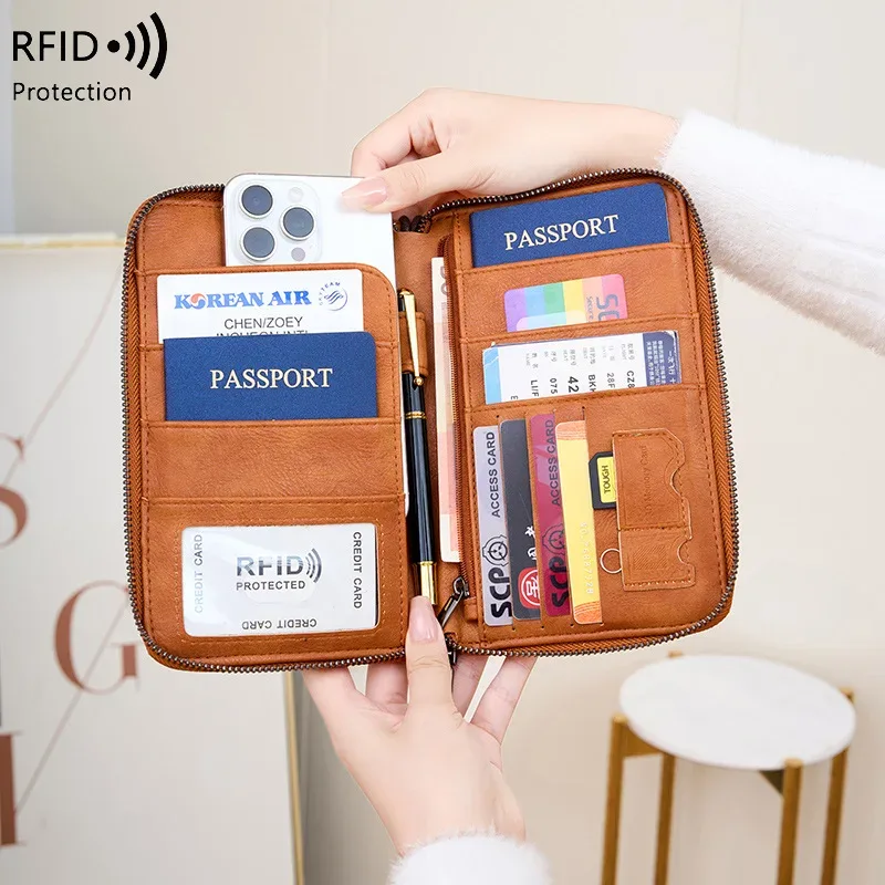 porte-passeports familial pour 5 personnes, en cuir, avec blocage rfid, porte-passeports multiple avec fermeture éclair, organiseur de documents de voyage