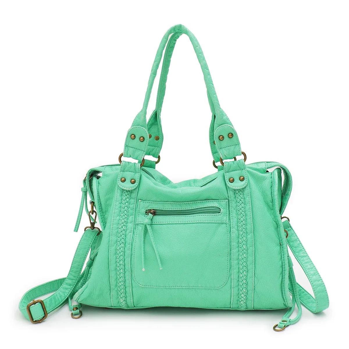 vintage lavé en cuir pu grande capacité fourre-tout poches zippées tresse décor épaule sac à bandoulière unisexe femmes voyage quotidien sac à main
