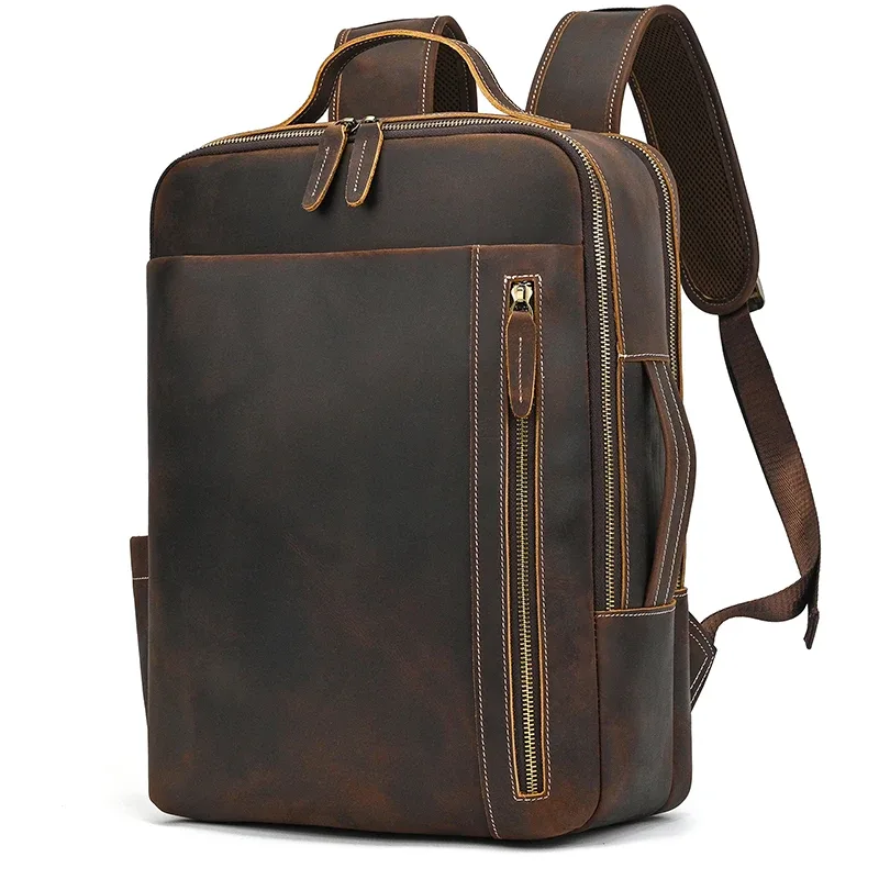 sac dos cuir vache marron polyester doublure 20 35 litres poches latérales grande ouverture usage voyage hommes