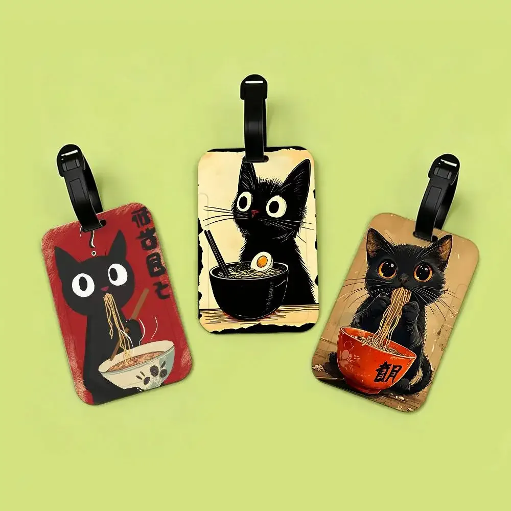 chat japonais mangeant des nouilles, étui pour carte d'information en toile imperméable, étiquette de bagage en pvc, identifiant anti-perte pour valise et sac à main