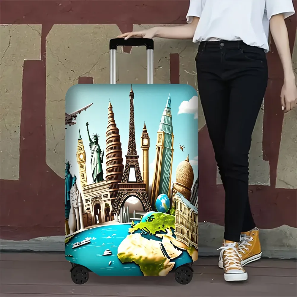 housse valise polyester monde monuments tour eiffel statue liberté big ben petronas twin towers bleu doré vert gris protection voyage