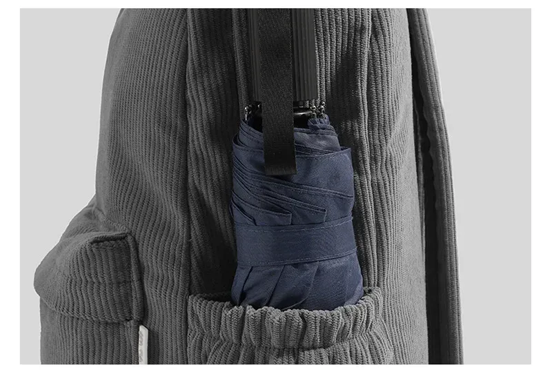 sac dos velours cotelé gris compartiment intérieur bandoulière arquée fermeture éclair usage etudiant femmes
