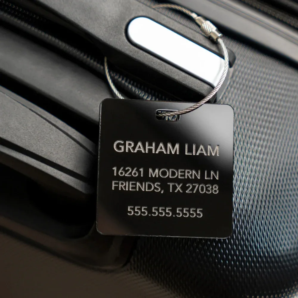 personnalisez une étiquette de bagage carrée, une étiquette de bagage personnalisée gravée, découpez le texte pour personnaliser votre sac de voyage, élégant