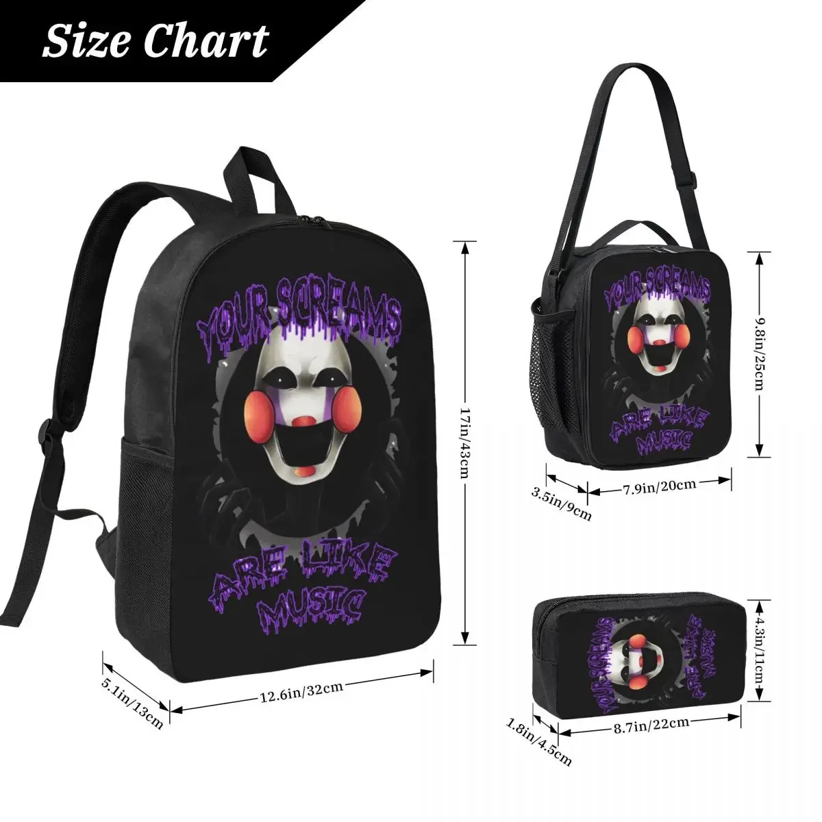 sac dos polyester noir motif clown stylistique bourse déjeuner trousse stylos accessoires voyage étudiant retour école portable