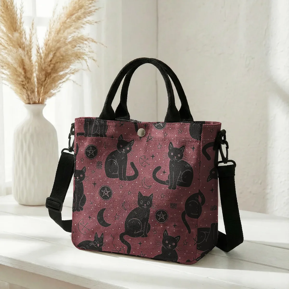sac fourre-tout en toile rose imprimé lune et étoiles avec chat noir sorcière, bandoulière détachable, sac à main bandoulière pour femme, idéal pour le shopping quotidien