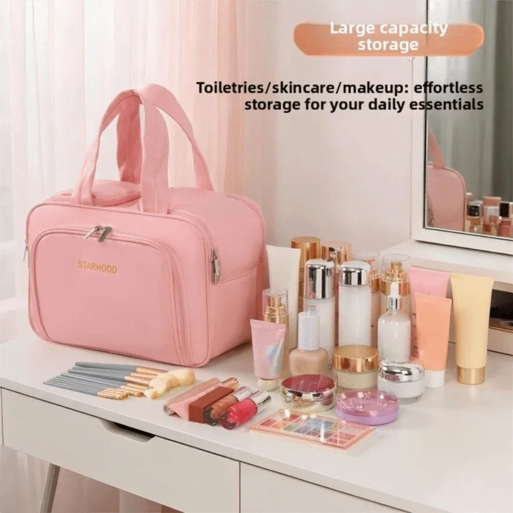 trousse de toilette de voyage de grande capacité, organisateur de maquillage léger en pu, plusieurs compartiments, poignée, mallette de rangement de voyage, salle de bain