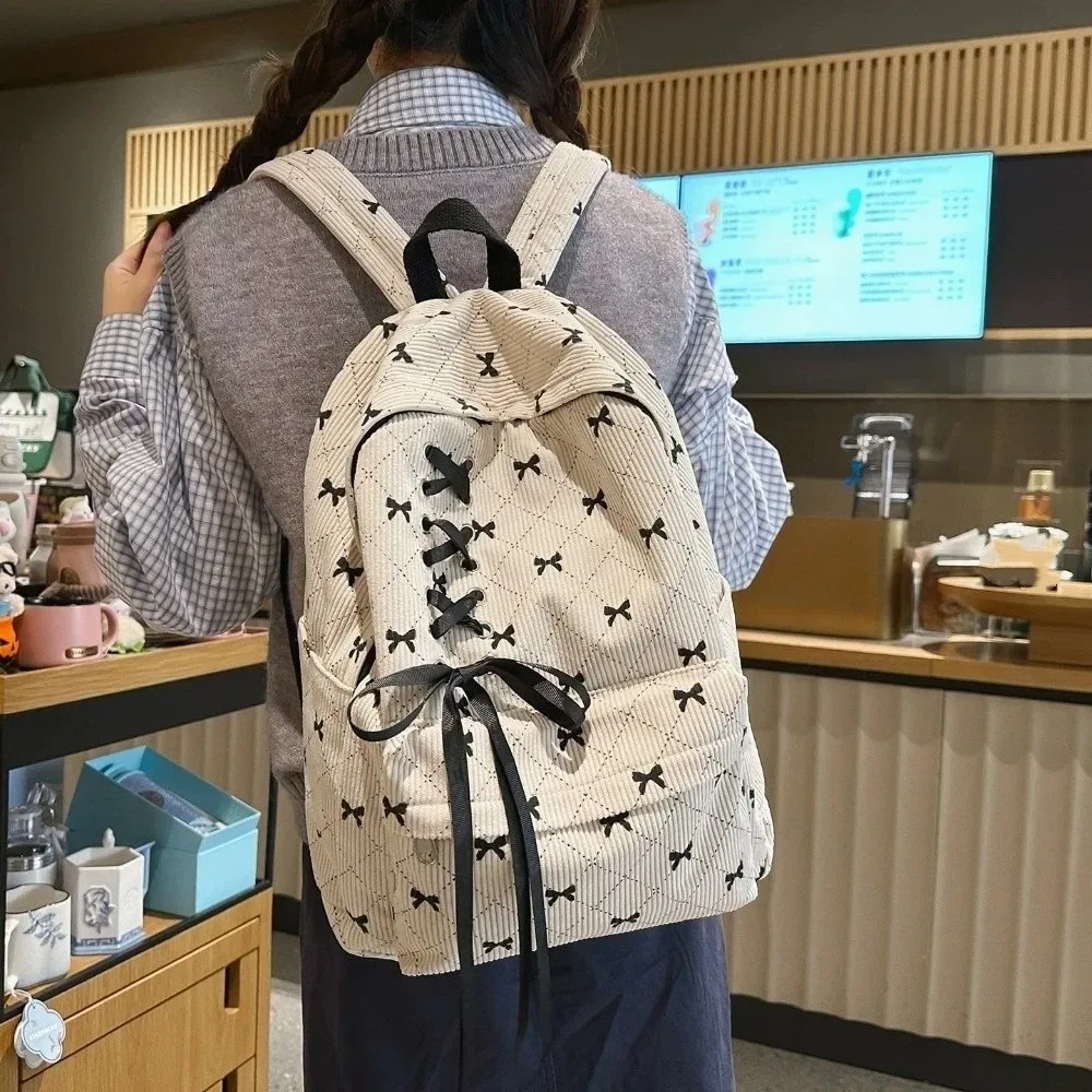 sac à dos en velours côtelé grande capacité avec nœud, léger, style coréen, sac à nœud, bretelles réglables, sac à double épaule pour étudiants