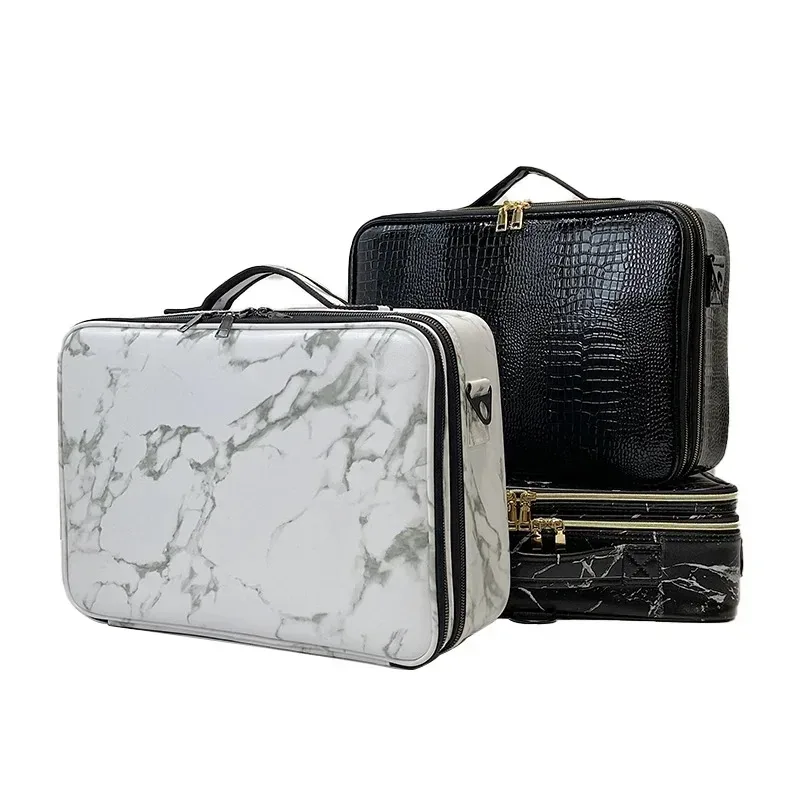 nouveau sac cosmétique en cuir pu crocodile boîte de maquillage professionnelle grande capacité stockage voyage toilette valise de maquillage