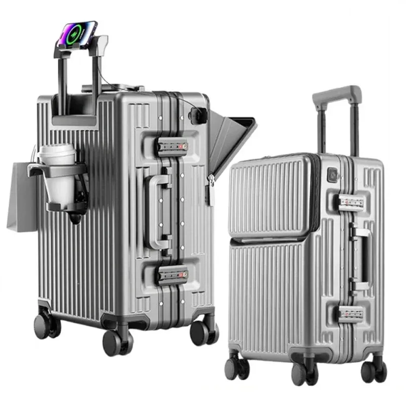 Valise à cadre en aluminium, bagage de cabine à ouverture avant avec porte-gobelet USB, boîtier de chariot pour femme, valise de voyage avec roue de frein pour homme