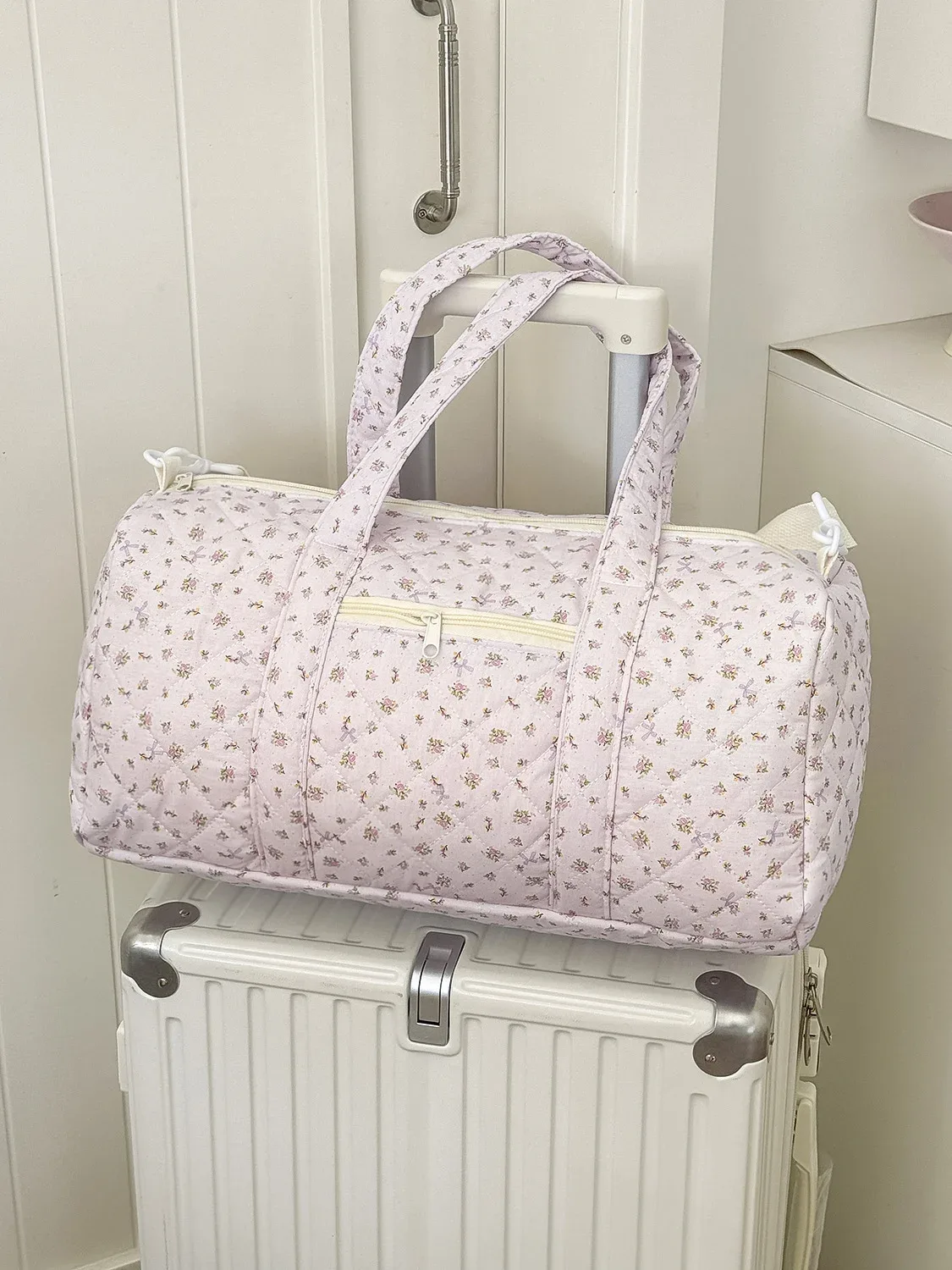 sac de voyage léger de grande capacité, sac boston à bandoulière, petit sac de voyage matelassé à motifs floraux, style tendance