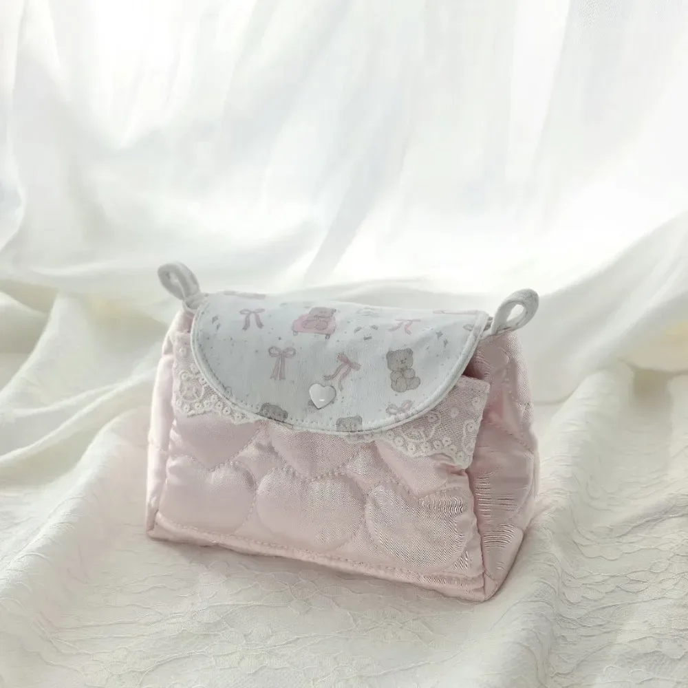 pochette de rangement 3 couches motif ours mignon, style ins, haut de gamme, faite main en coton et lin, organiseur de voyage multifonctionnel, trousse de maquillage diy