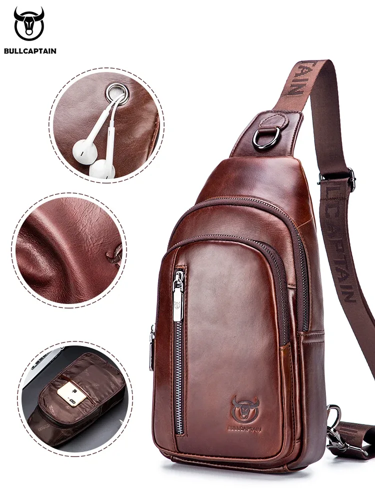 bullcaptain-sac de poitrine en cuir véritable pour homme, sac à bandoulière multifonctionnel, sac de poitrine de musique, mode loisirs