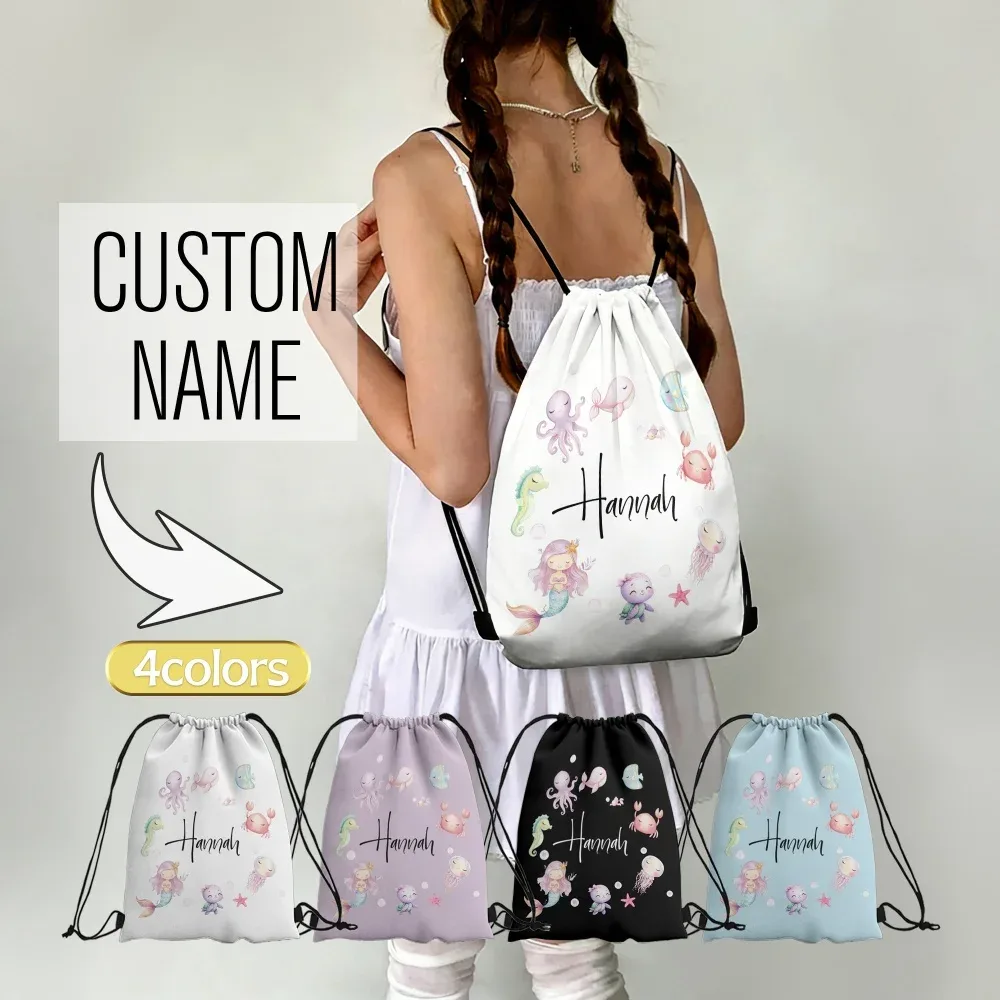 Sac à cordon personnalisé avec nom/texte, avec motif de sirène, sac de sport léger, sac de voyage, sac de rangement pour salle de sport, 1 pièce
