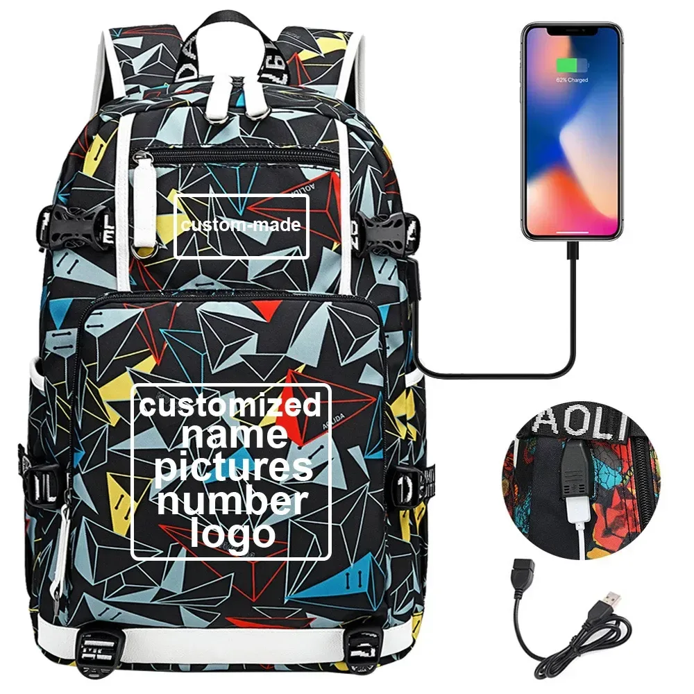 sac à dos en toile pour hommes et femmes, imprimé personnalisé, avec photo ou logo, pour enfants, garçons et filles, usb, pour ordinateur portable, grand sac de voyage