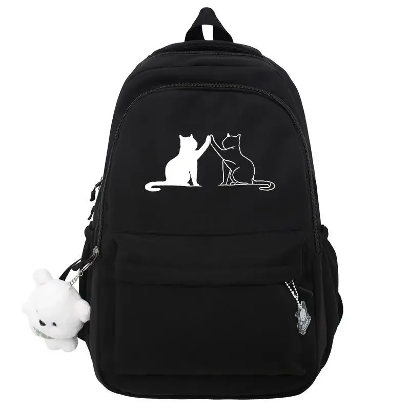 sac dos nylon noir dessin animé chats ours bandoulière arquée compartiment intérieur voyage école adolescents femmes hommes