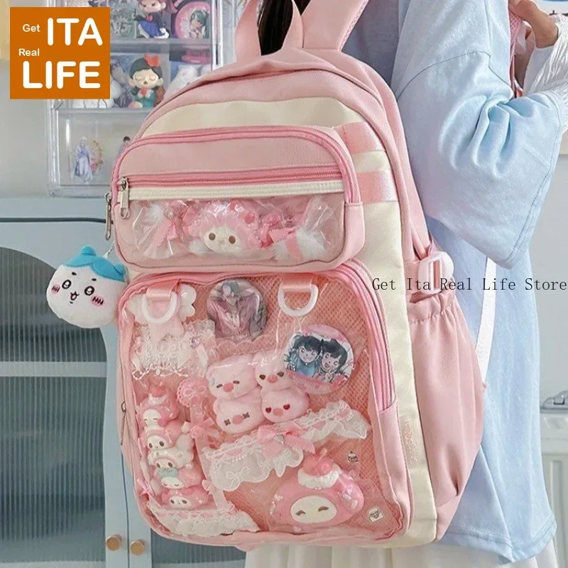 sac à dos ita rose italife big anime avec plaque d'insertion, grand sac itabag jaune kawaii pour femmes, double poche transparente pour affichage de pins h260