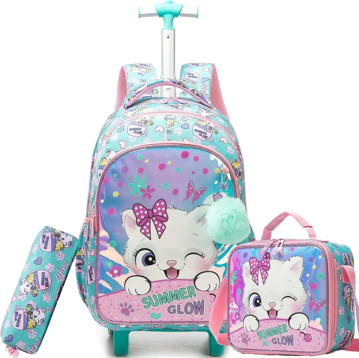 sac dos polyester toile dessin animé bleu pastel coeurs dorés love scolaire transport voyage filles