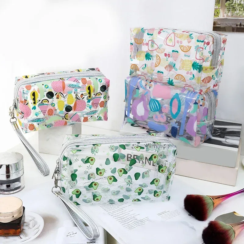trousse de maquillage transparente étanche pour femmes et filles, trousse cosmétique de voyage, trousse de toilette, poudres transparentes, imprimé mignon, fleur d'avocat