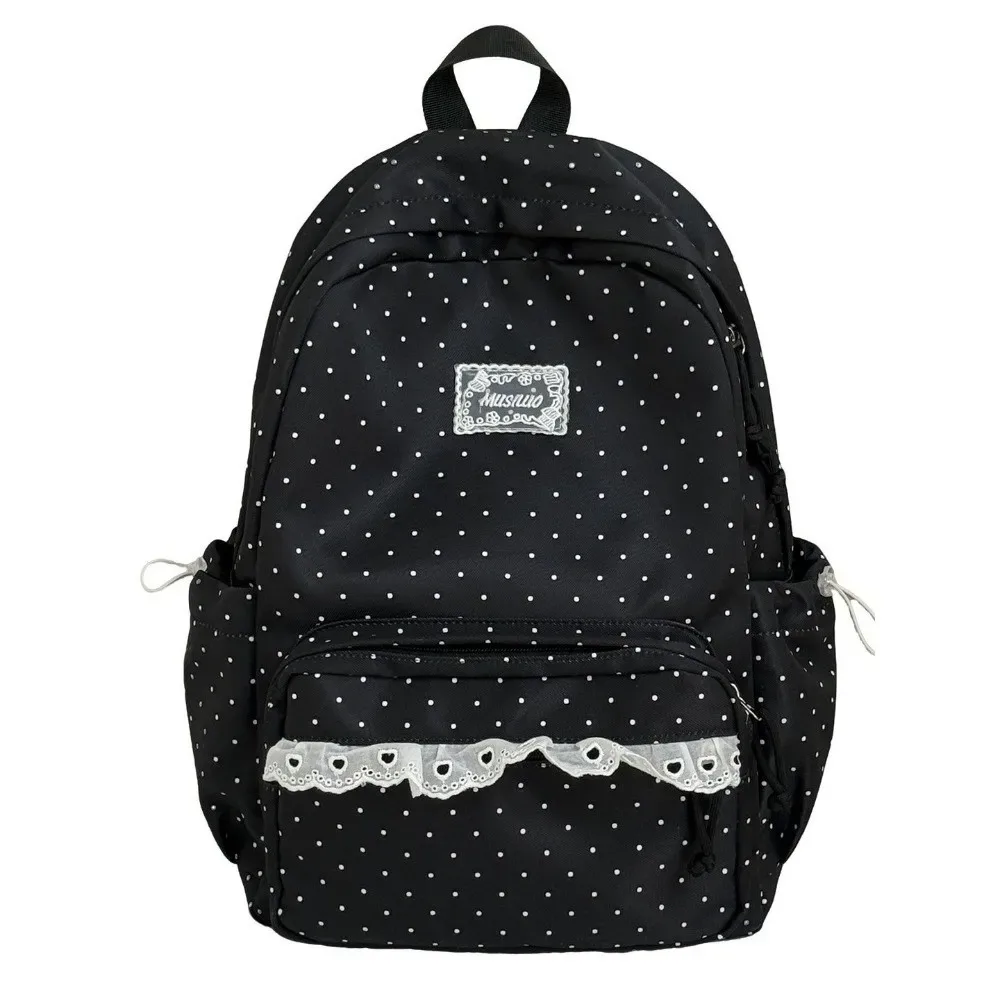 sac à dos de voyage mignon à pois, grande capacité, en nylon, pour étudiants, multi-poches avec dentelle, sac à dos pour ordinateur portable