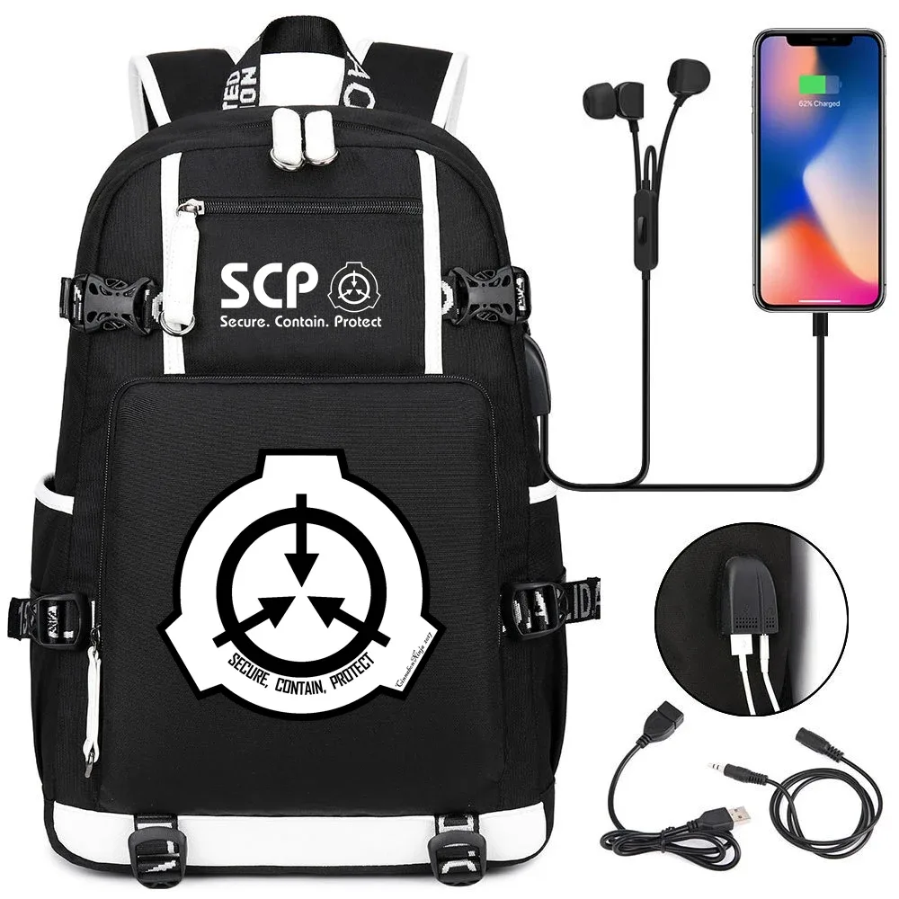 sac à dos scp foundation cartable noir, sacs d'école de dessin animé pour enfants adolescents, sac à dos de voyage scp, sacs initiés par ordinateur portable usb