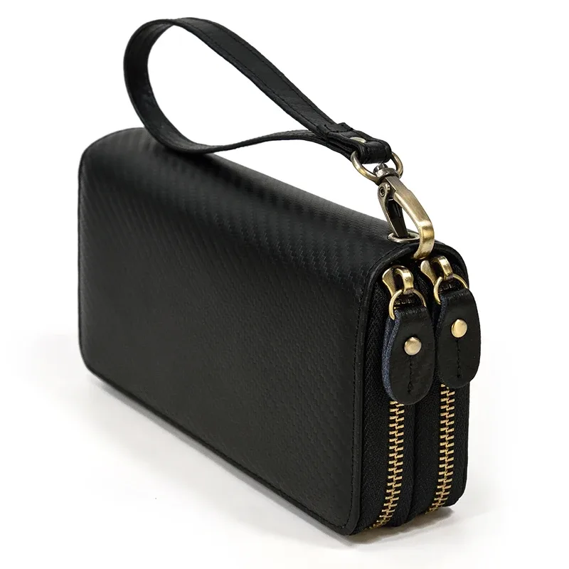 luufan-long sac à main en cuir de cheval vintage pour hommes et femmes, portefeuilles à double fermeture éclair pour carte de crédit, pochette pour homme