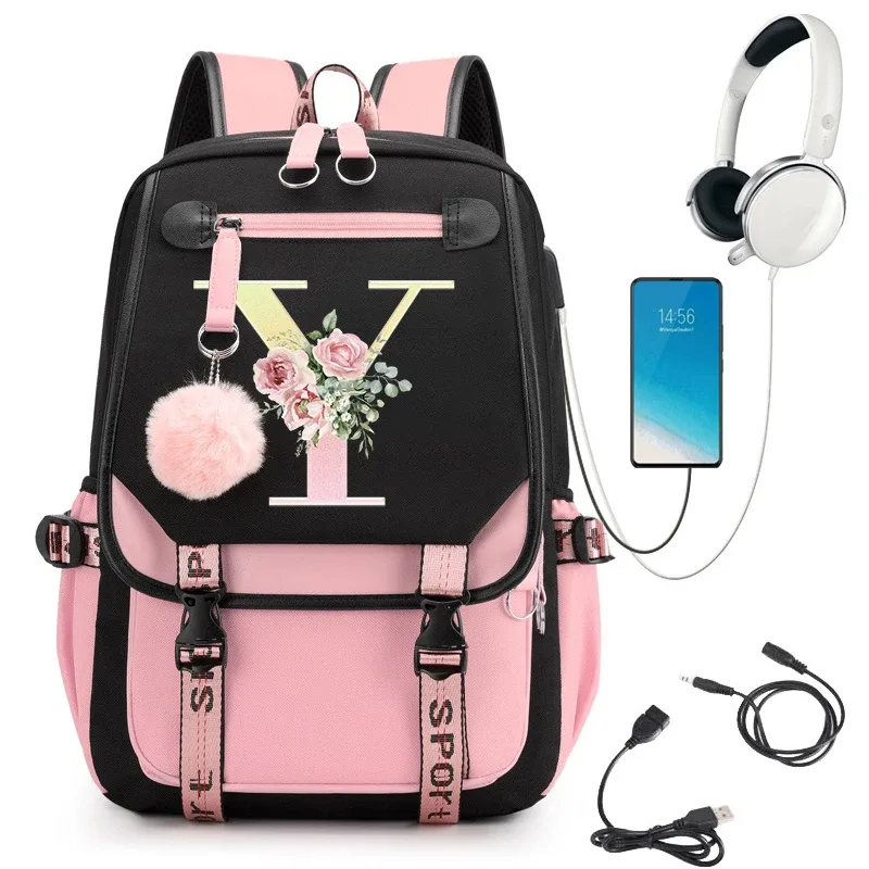sac à dos rose graphique or imprimé lettre fleur a-z alphabet épaule sac adolescente mode fille sac à dos lycée sacs à dos