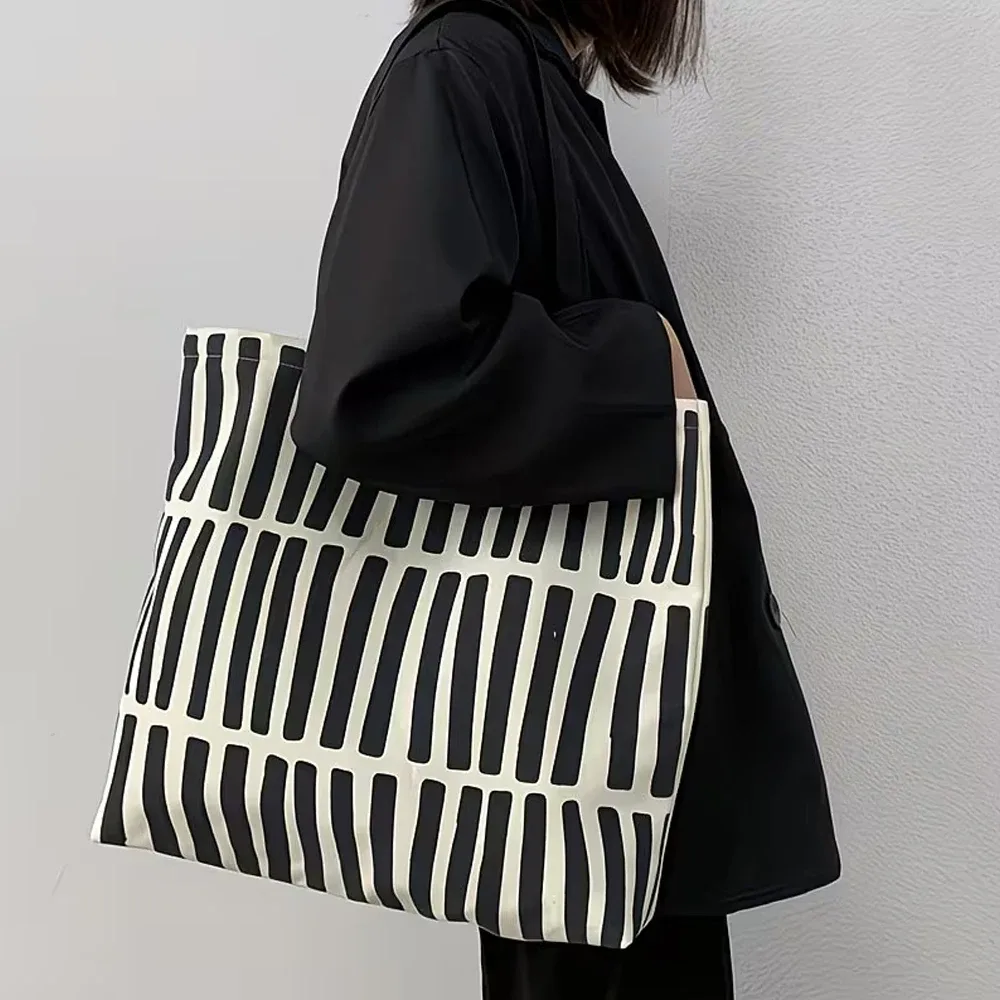 sac à bandoulière en toile rayée de grande capacité, léger avec plusieurs compartiments, fermeture à glissière, peut être utilisé comme sac pour ordinateur portable, sac de courses, sac de voyage, multifonctionnel et d