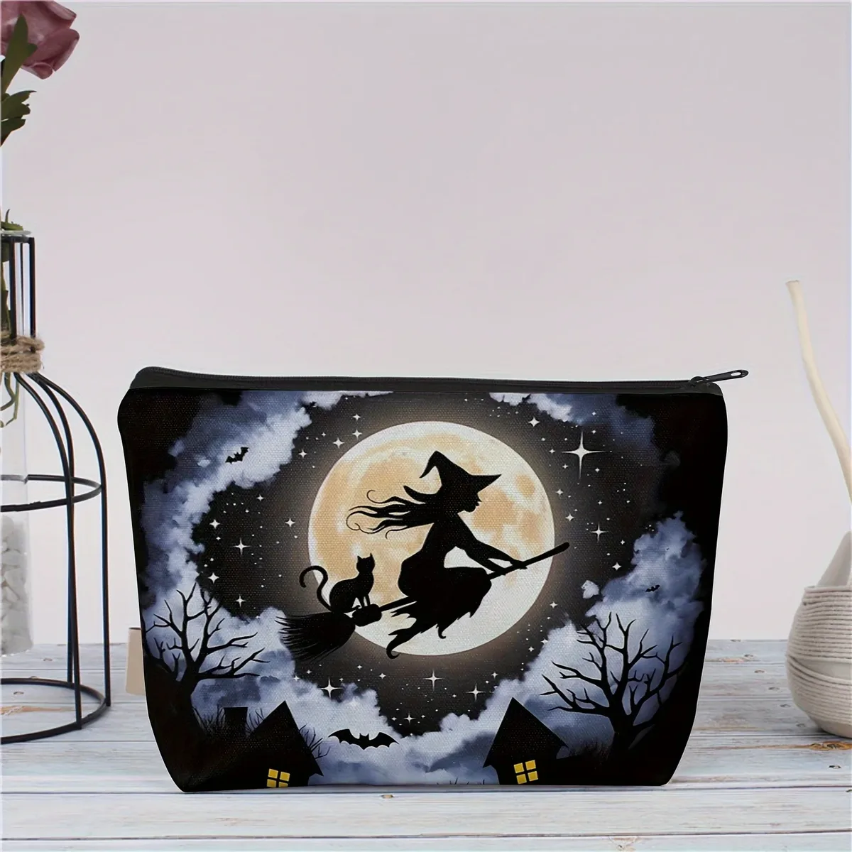 trousse de maquillage forêt enchantée sorcière et chat pleine lune – pochette cosmétique thème halloween effrayant avec chauves-souris, étoiles et motif pleine lune
