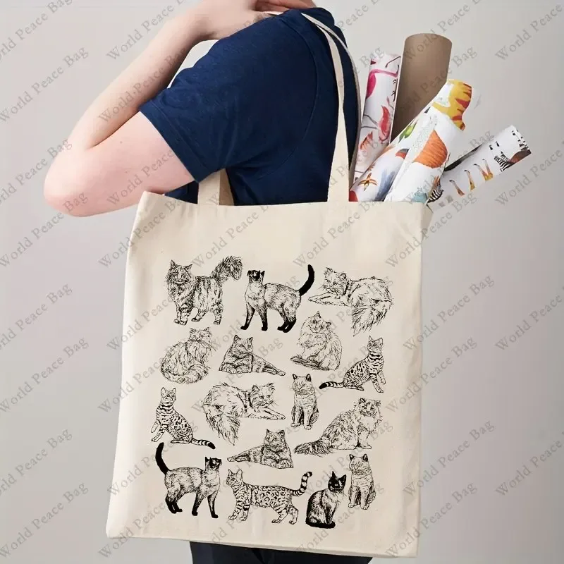 Sac fourre-tout en toile à motif de chat mignon, sac de rangement léger et polyvalent Simple Eco Shopper Bga, sac de plage, fourre-tout pour femmes