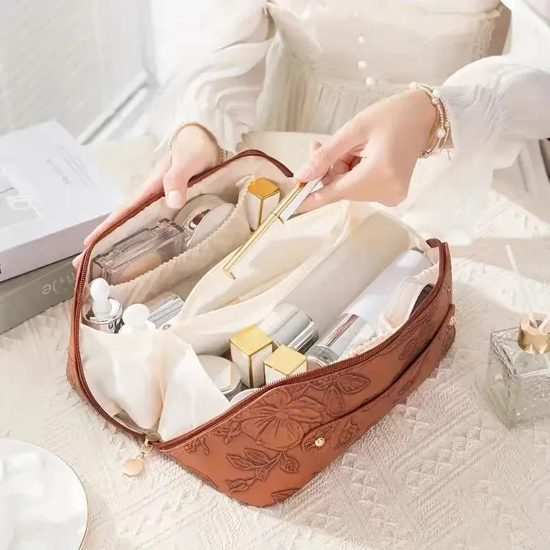 sac de toilette vintage à fleurs pour femme, sac à main cosmétique portable, trousse de maquillage, pochette, sac de voyage grande capacité avec fermeture éclair