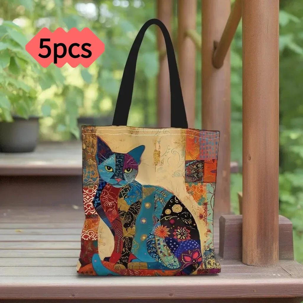 1/5/10 pièces sac fourre-tout à motif floral de chat, sac à bandoulière esthétique en toile pour l'école, sac de courses léger