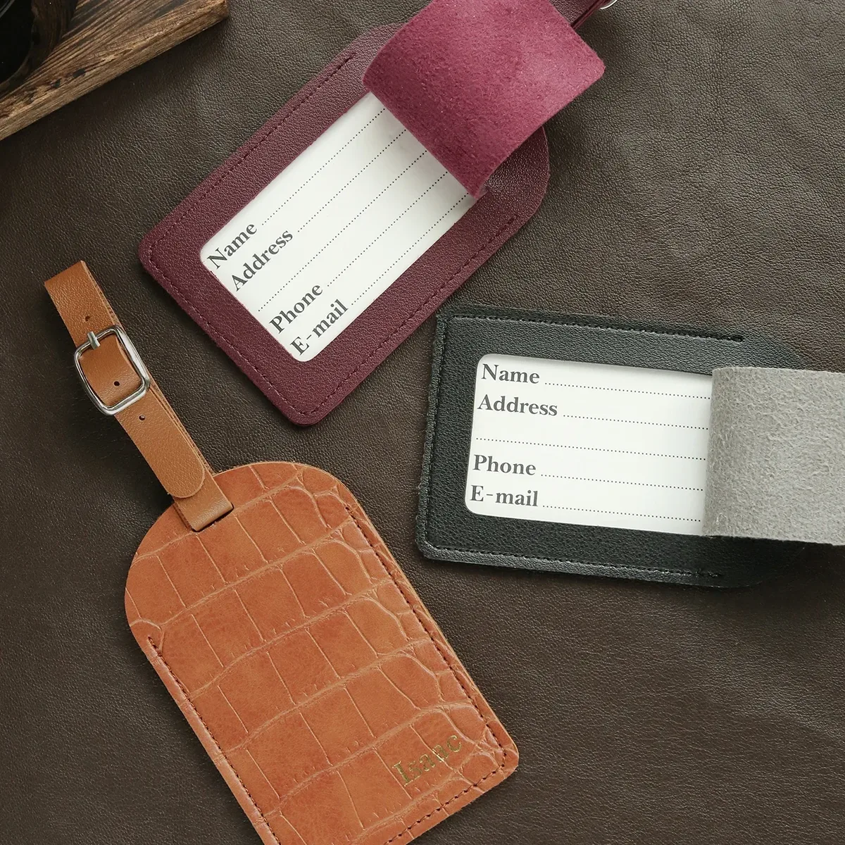 étiquette de bagage personnalisée avec nom en estampe à chaud pour valises, monogramme doré, étiquettes de bagage en simili cuir de crocodile avec carte de nom confidentielle