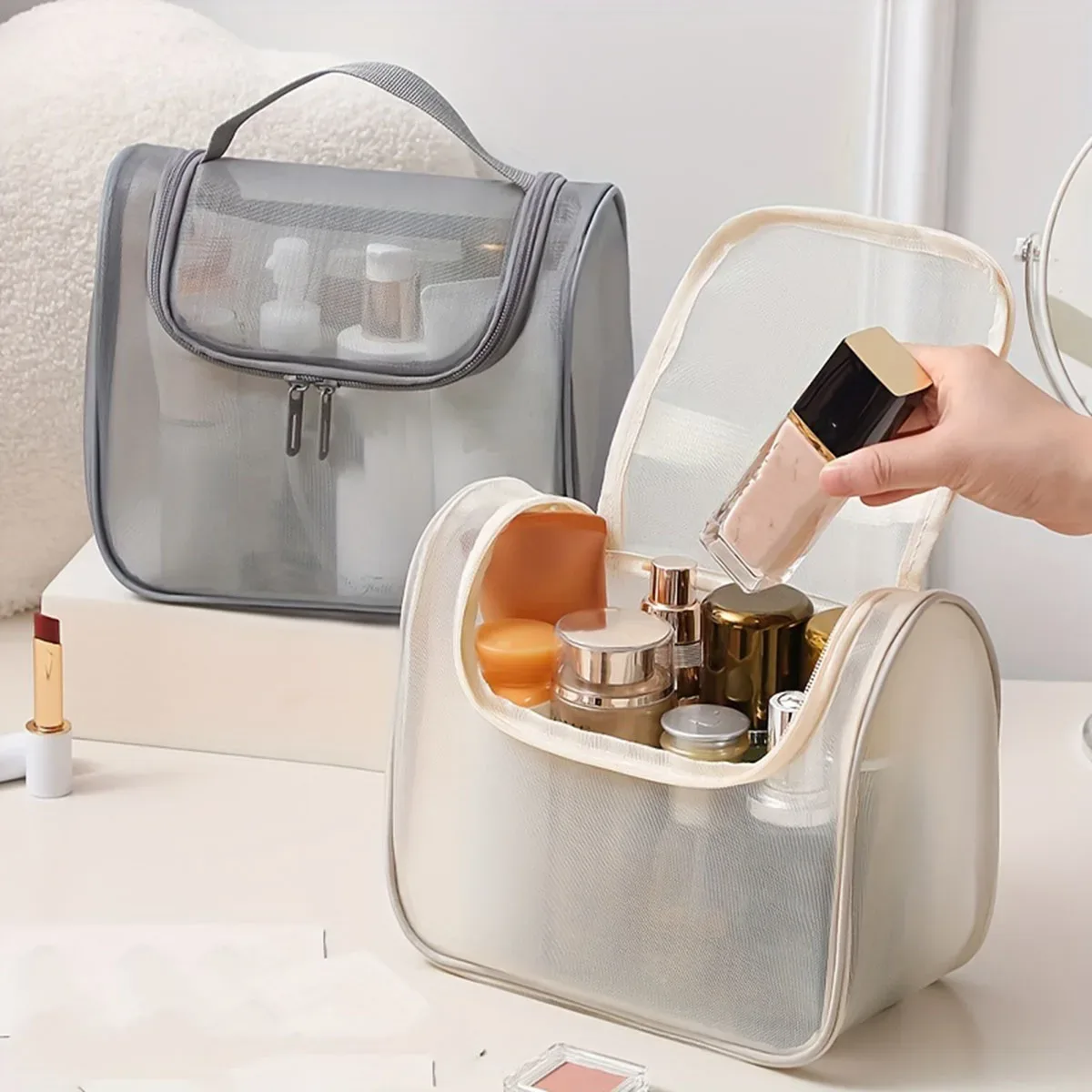 nouvelle trousse de toilette multifonctionnelle, sac de maquillage portable en nylon à mailles incurvées, sac de rangement pour cosmétiques de grande capacité pour femmes