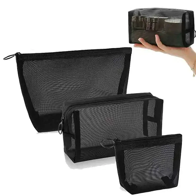 sacs cosmétiques transparents en maille noire - trousse de toilette de voyage portable, petite et grande, pochette de rangement pour maquillage et rouge à lèvres
