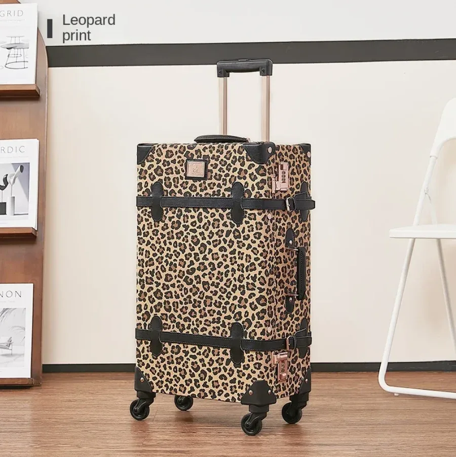 valise à roulettes en cuir imprimé léopard pour femmes, bagage rétro tendance, coffret d'embarquement de 20 pouces, valise étanche avec mot de passe