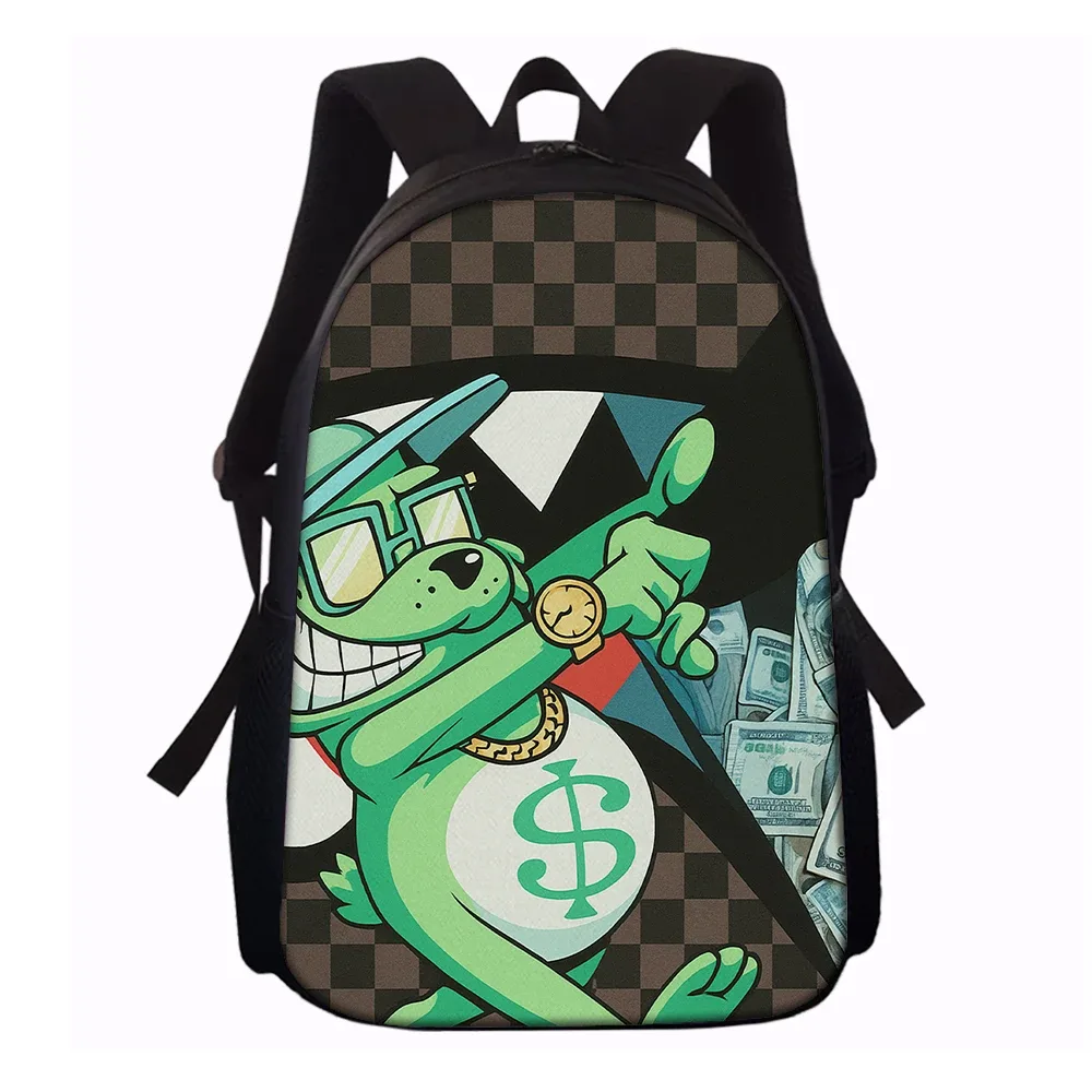 sac dos polyester carreaux noirs blancs accents verts argentés personnage souriant sac main usage quotidien